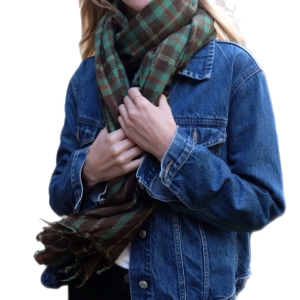 Vintage Plaid Green Red Brown Yellow Long Wool Fringed Scarf - Picture 7 of 13